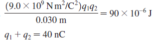 (9.0 × 10° Nm²/C²)qıq2 = 90 × 10-6 J 0.030 m 91+q2 = 40 nC 