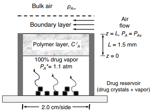 Bulk air PAo Air Boundary layer flow -z = L, PA = PAS L = 1.5 mm Polymer layer, C'A -z = 0 100% drug vapor PA