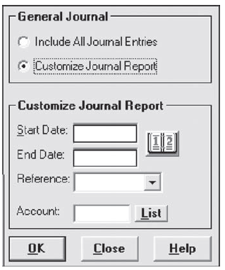 General Journal - C Include All Jounal Entries O Customize Joumal Report -Customize Journal Report- Start Date: End Date