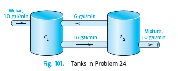 Water, 10 gal/min 6 gal/min Mixture, T2 10 gal/min 16 gallmin Fig. 101. Tanks in Problem 24 