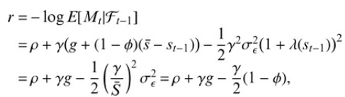 r=- log E[M,|Fi-1] =p+ y(g + (1 – ø)(5 - $i-1)) – ro?(1 + A(s81-1))² =p+ yg - (1 – $), =p+ yg - 2 
