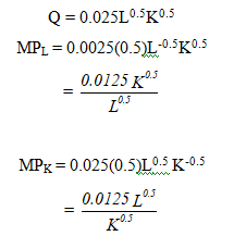 Q = 0.025L0.SK0.5 MPL = 0.0025(0.5)L-0.5K0.5 -0.5 0.5 L' MPK = 0.025(0.5)L0.5 K-0.5 0.0125 L05 0.5 