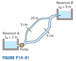 Reservoir B Ze= 9 m 25 m 3 ст Reservolr A 5 cm ZA= 2 m Pump FIGURE P14-91 