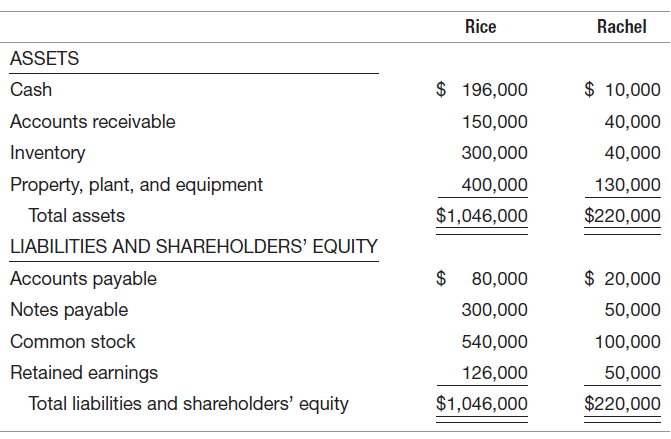 Rice Rachel ASSETS $ 10,000 $ 196,000 Cash Accounts receivable 40,000 150,000 40,000 Inventory 300,000 Property, plant, 
