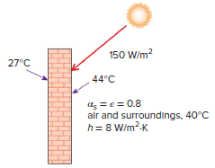 150 W/m? 27°C 44°C as = E = 0.8 alr and surroundings, 40°C h= 8 W/m?.K 