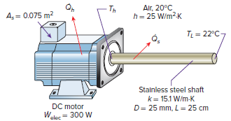 Alr, 20°C h= 25 W/m2 K Th A, = 0.075 m2 TL= 22°C- Stalnless steel shaft k= 15.1 W/m-K D= 25 mm, L= 25 cm DC motor Wale