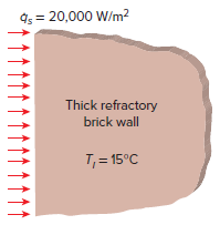 4; = 20,000 W/m? Thick refractory brick wall T, = 15°C 