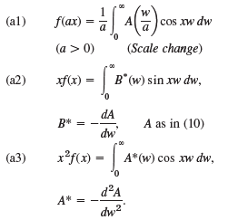 f(ax) = | a() cos. (al) cos xw dw (Scale change) (a > 0) B* (w) sin xw dw, (a2) xf(x) dA A as in (10) B* = dw x*f(x) = |