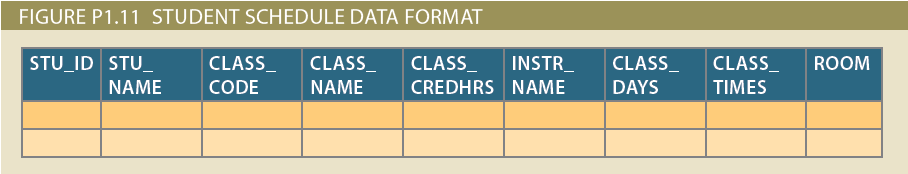 FIGURE P1.11 STUDENT SCHEDULE DATA FORMAT CLASS CLASS_ STU_ID STU INSTR_ CLASS_ CLASS_ CLASS_ TIMES ROOM CREDHRS NAME NA