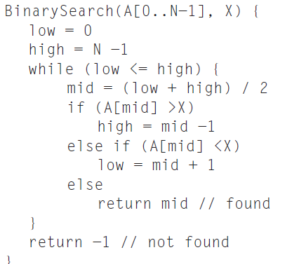 BinarySearch(A[0..N-1], X) { low = 0 high = N -1 while (low <= high) { mid = (1ow + high) / 2 if (A[mid] >X) high = mid 