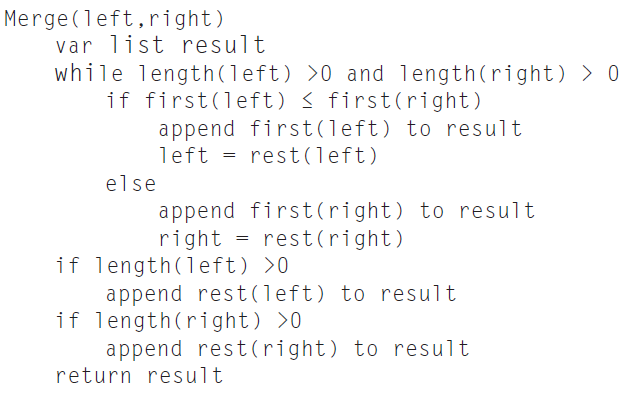 Merge (left,right) var list result while length(left) >0 and length(right) > 0 if first(left) < first(right) append firs