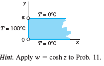 T = 0°C T = 100°C 00 T = 0°C Hint. Apply w = cosh z to Prob. 11. 