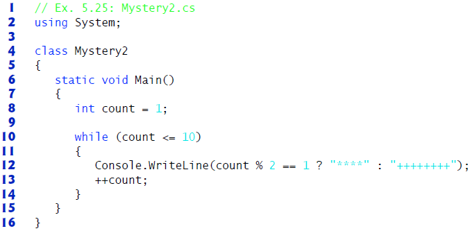 // Ex. 5.25: Mystery2.cs using System; 3 2 class Mystery2 { static void Main() { int count = 1; 4 5 while (count <= 10) 