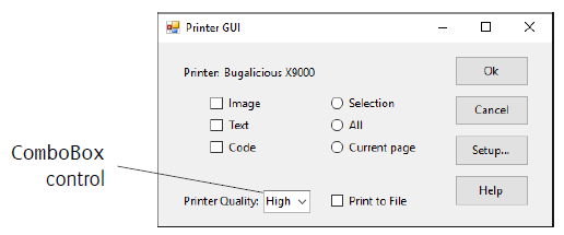 Printer GUI Ok Printer. Bugalicious X9000 O Image O Selection Cancel Text O Current page Code ComboBox Setup. control He