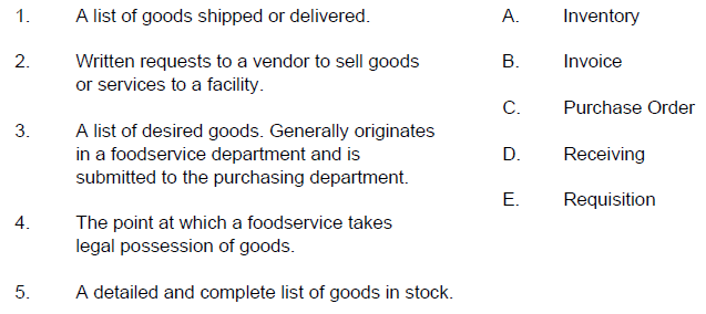 1. A list of goods shipped or delivered. A. Inventory 2. Written requests to a vendor to sell goods B. Invoice or servic