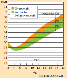 BMI 34 Overweight 32 At risk for Percentile: 97th being overweight 30 95th 28 85th 26 24 22 20 18 16 14 Boys 12 2 4 6 8 