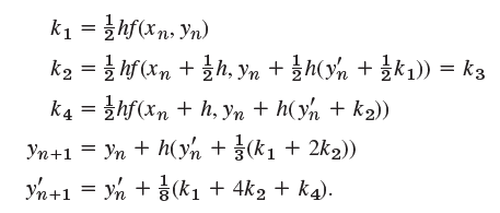 k1 = }hf(xn, Yn) k2 = 3 hf (xn + }h, yn + h(yn + 3k1)) = k3 k4 = zhf(Xn + h, Yn + h( yn + k2)) %3D Yn+1 = yn + h(yn + (k