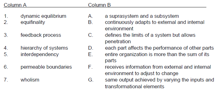 Column A Column B 1. dynamic equilibrium equifinality A. a suprasystem and a subsystem continuously adapts to external a