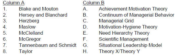 Column B Column A 1. 2. 3. 4. 5. 6. 7. 8. Blake and Mouton Hersey and Blanchard Herzberg Achievement Motivation Theory C