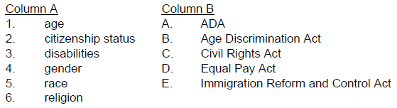 Column A 1. 2. 3. Column B A. B. C. D. E. age ADA Age Discrimination Act Civil Rights Act Equal Pay Act Immigration Refo