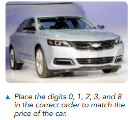 A Place the digits 0, 1, 2, 3, and 8 in the correct order to match the price of the car. 