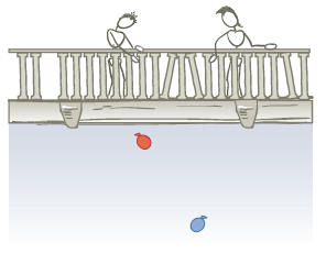 Two mischievous children drop water balloons from a bridge as
