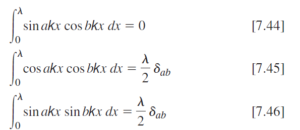 [7.44] sin akx cos bkx dx = 0 [7.45] 8 cos akx cos bkx dx = dab [7.46] dab sin akx sin bkx dx 2 
