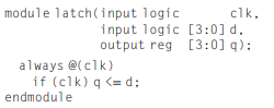 module latch(input logic clk. input logic [3:0] d. output reg [3:0] q): always @(clk) if (clk) q <= d: endmodule 