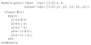 module gates (input logic [3:0] a, b. output logic [3:0] y1. y2. y3. y4. y5): always @(a) begin yl = a & b; y2 = a | b: 
