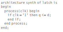 architecture synth of latch is begin process(clk) begin if clk ='1' then q <= d; end if: end process: end: 