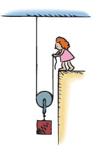 The girl steadily pulls her end of the rope upward