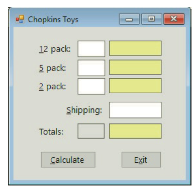 9 Chopkins Toys х 12 pack: 5 pack: 2 pack: Shipping: Totals: Calculate Exit П 