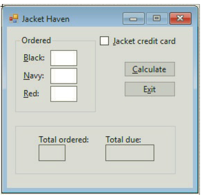Jacket Haven Ordered Jacket credit card Black: Calculate Navy: Exit Red: Total due: Total ordered: 