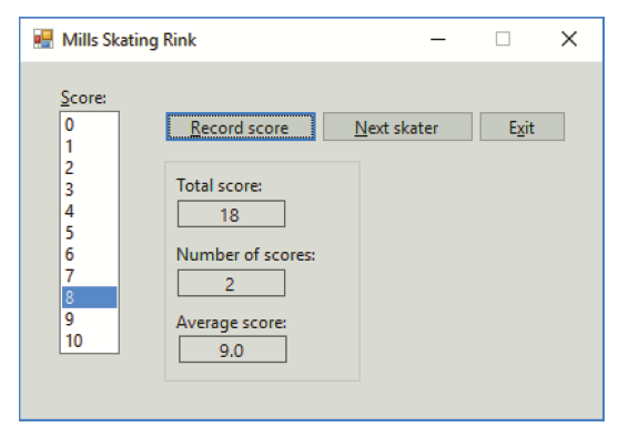 Mills Skating Rink Score: Record score Next skater Exit 2 3 4 Total score: 18 6 Number of scores: 2 Average score: 10 9.