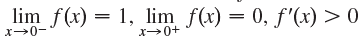 lim f(x) = 1, lim f(x) = 0, f'(x) > 0 
