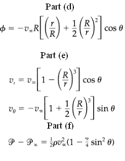 Part (d) 1(R $ = -v,R cos e Part (e) - (4)]• cos 6 v, = v% 1 1 (R Vo = -v 1 + 2 sin 0 Part (f) P - P, = pv.(1 - sin? 0
