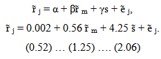fj= a+ ßř m + ys + ẽ j, řj = 0.002 + 0.56 ĩm+ 4.25 š + ě j. (0.52) ... (1.25) ... (2.06) 