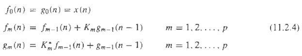 80(n) = x (n) = fm-1(n) + Km 8m - 1 (n – 1) 8m (12) fo(n} fm (n) m = 1, 2. . .., p (11.2.4) = K fm-! (n) + 8m-1( – 1