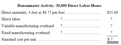 Denominator Activity: 30,000 Direct Labor-Hours Direct materials, 4 feet at $8.75 per foot $35.00 ?. Direct labor Variab