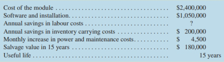 Cost of the module .... Software and installation. . $2,400,000 $1,050,000 Annual savings in labour costs Annual savings