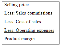 Selling price Less: Sales commissions Less: Cost of sales Less: Operating expenses Product margin 