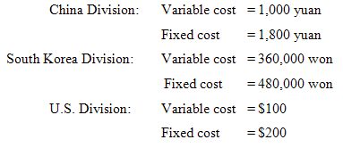 Variable cost = 1,000 yuan China Division: Fixed cost = 1,800 yuan Variable cost =360,000 won South Korea Division: Fixe