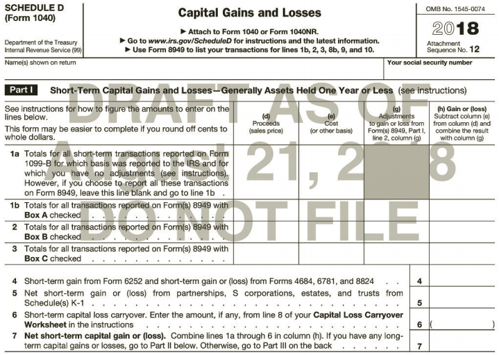 SCHEDULE D OMB No. 1545-0074 Capital Gains and Losses (Form 1040) 2018 Attach to Form 1040 or Form 1040NR. Go to www.irs