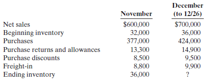 December (to 12/26) November Net sales Beginning inventory Purchases Purchase returns and allowances Purchase discounts 