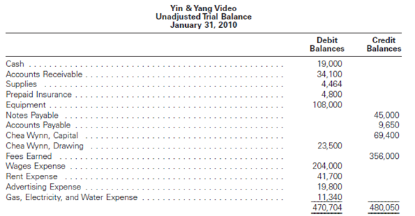 Yin & Yang Video Unadjusted Trial Balance January 31, 2010 Debit Balances Credit Balances 19,000 34,100 4,464 4,800 108,