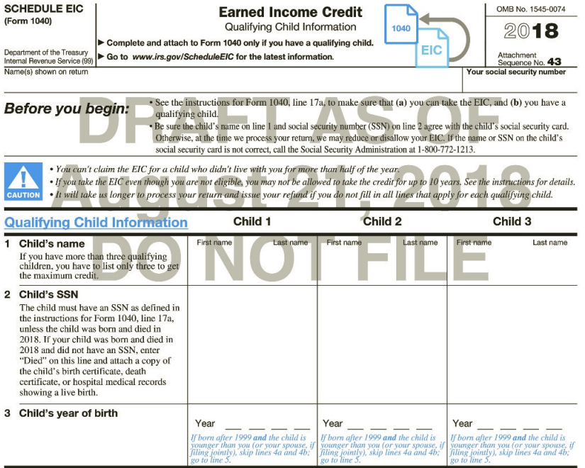 SCHEDULE EIC OMB No. 1545-0074 Earned Income Credit (Form 1040) Qualifying Child Information 2018 1040 Complete and atta