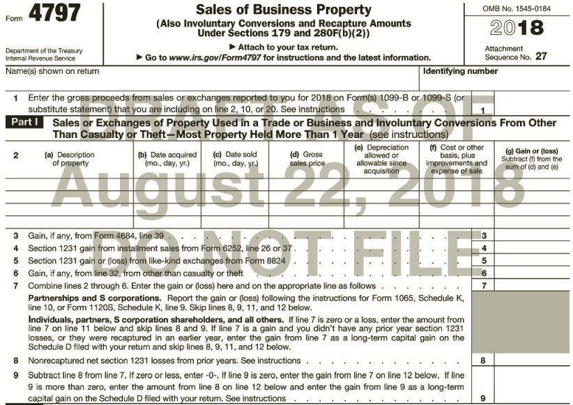4797 Sales of Business Property (Also Involuntary Conversions and Recapture Amounts Under Šections 179 and 280F(b)(2)) 