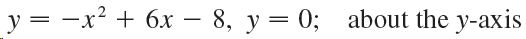 y = -x? + 6x – 8, y= 0; about the y-axis 