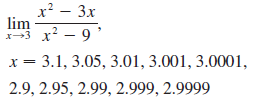 x? – 3x lim 3 x? - 9' x = 3.1, 3.05, 3.01, 3.001, 3.0001, 2.9, 2.95, 2.99, 2.999, 2.9999 