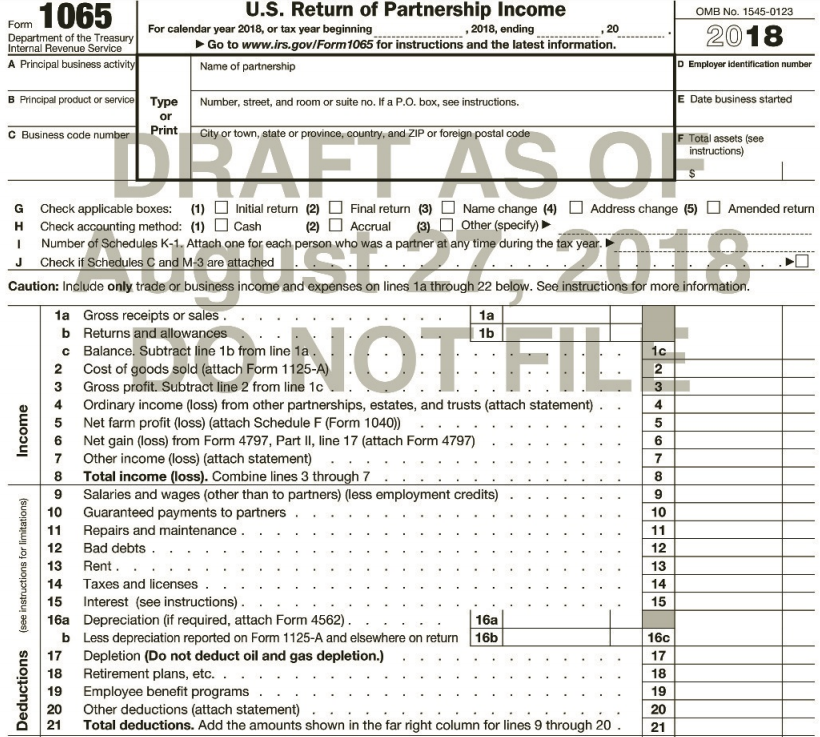 U.S. Return of Partnership Income OMB No. 1545-0123 Fom 1065 For calendar year 2018, or tax year beginning Go to www.irs